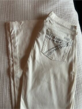 7 For All Mankind Cream Flare Jeans with Rhinestone Pocket